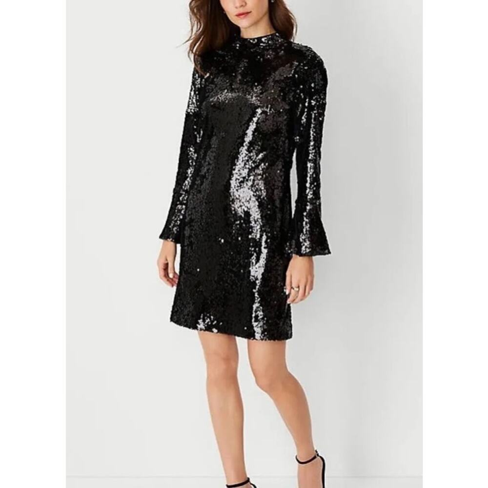 Ann Taylor Black Event Party Shimmer Sequined Bell Sleeve Shift Dress Size 2